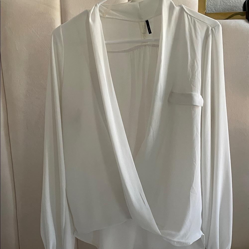 Elegant Low Cut White Draped Blouse